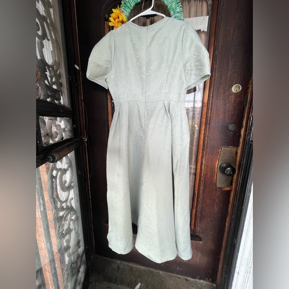 Green Shien Modely Puff Sleeves w Sheer Panel Gold Buttons Shoulder Modest Dress - Picture 2 of 7